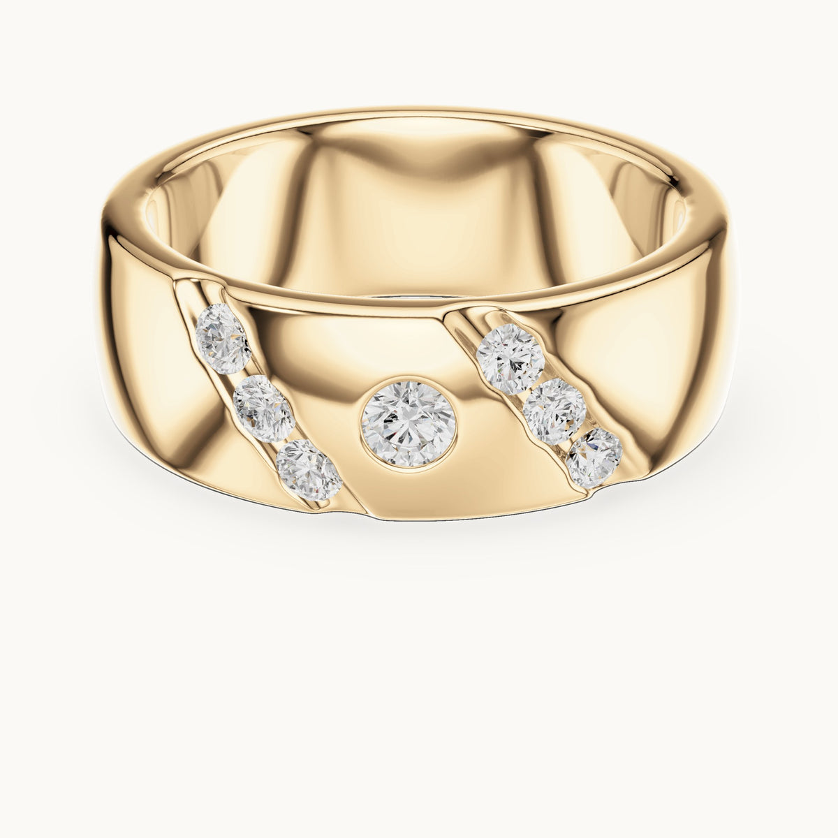Round lab-grown diamond wide band ring with bezel and diagonal accents in yellow gold, 0.32 CT TW, view 4