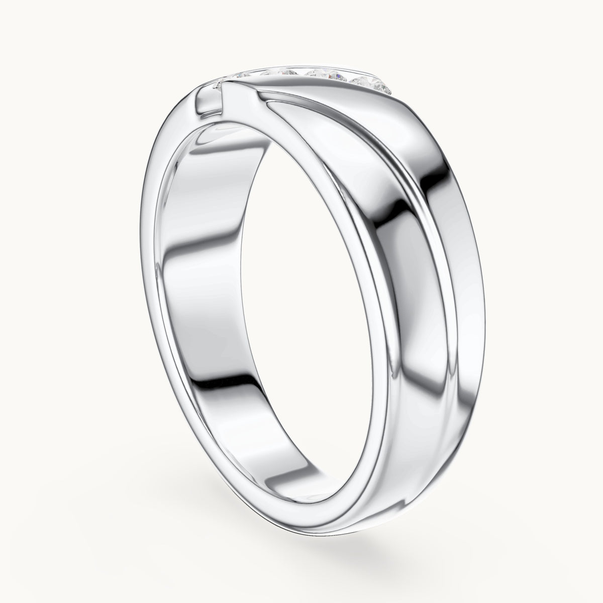 Round lab-grown diamond wide band ring with diagonal diamonds in white gold, 0.16 CT TW, view 1