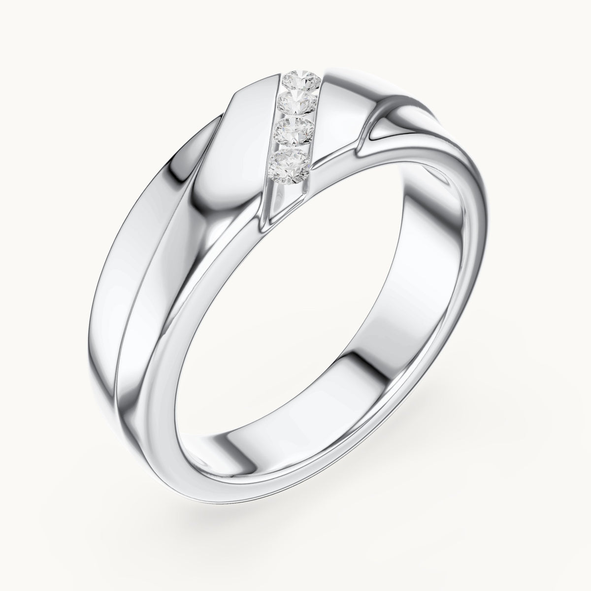 Round lab-grown diamond wide band ring with diagonal diamonds in white gold, 0.16 CT TW, view 2