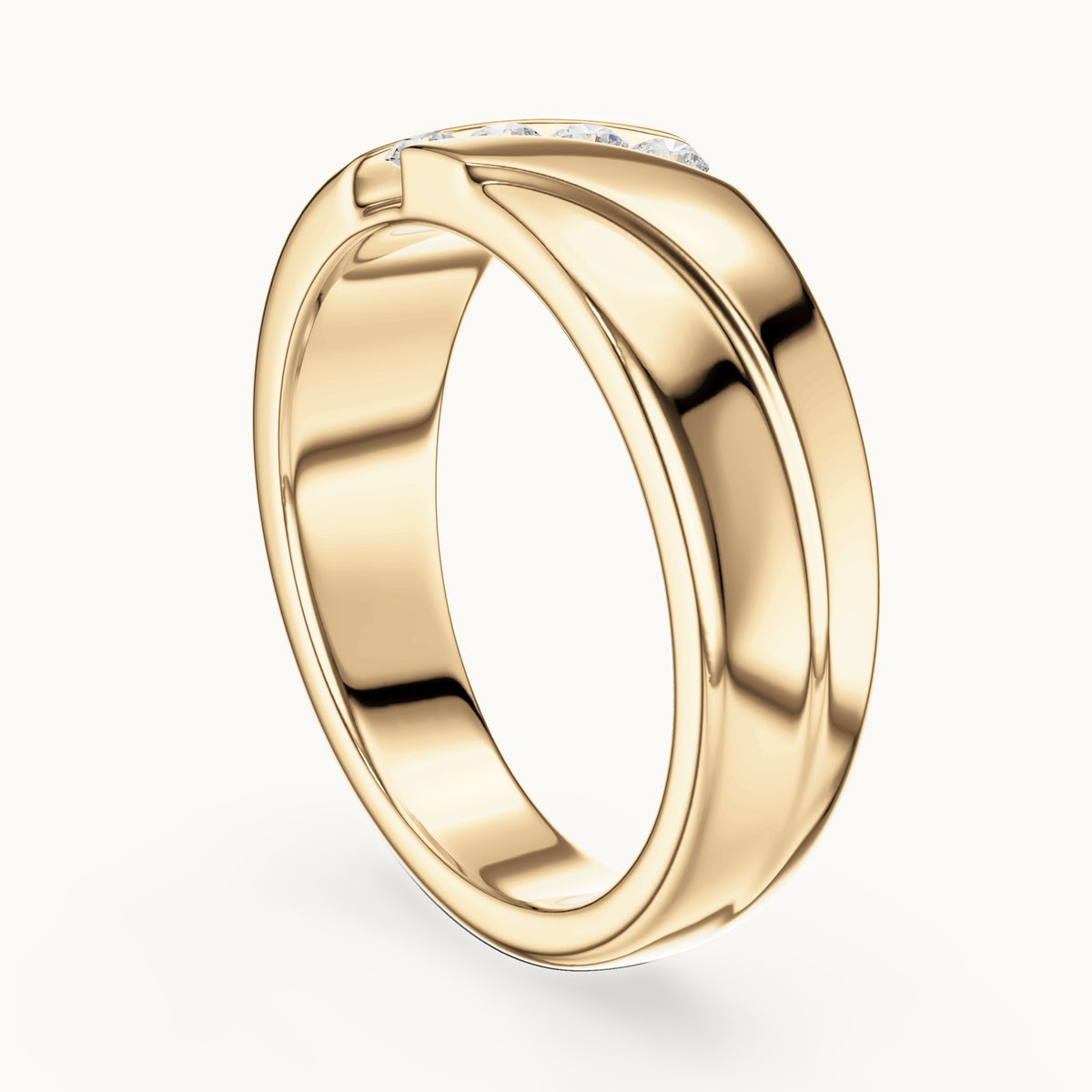 Round lab-grown diamond wide band ring with diagonal diamonds in yellow gold, 0.16 CT TW, view 1