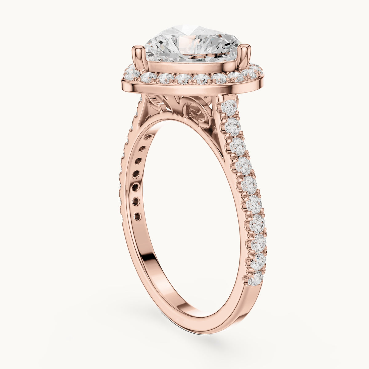Heart lab-grown diamond halo engagement ring with pavé band in rose gold, 2.71 CT TW, view 1