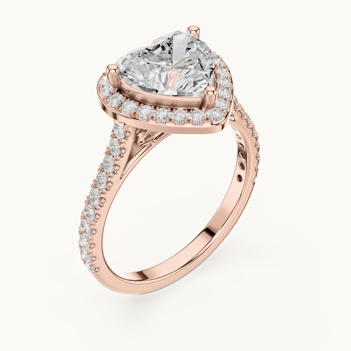 Heart lab-grown diamond halo engagement ring with pavé band in rose gold, 2.71 CT TW, view 2