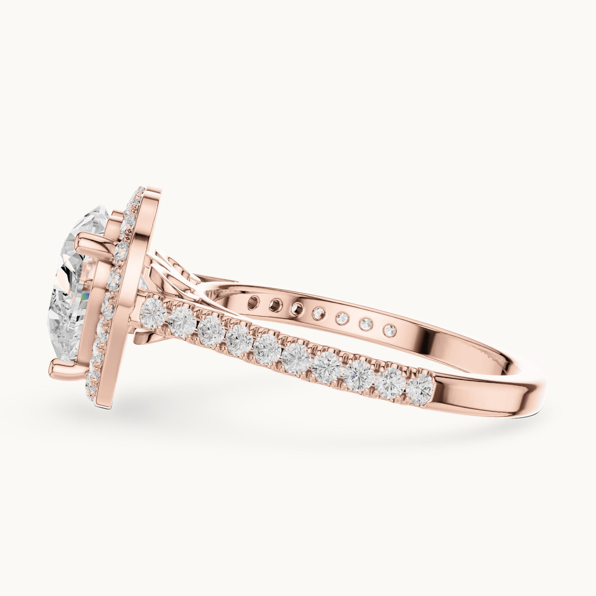 Heart lab-grown diamond halo engagement ring with pavé band in rose gold, 2.71 CT TW, view 3