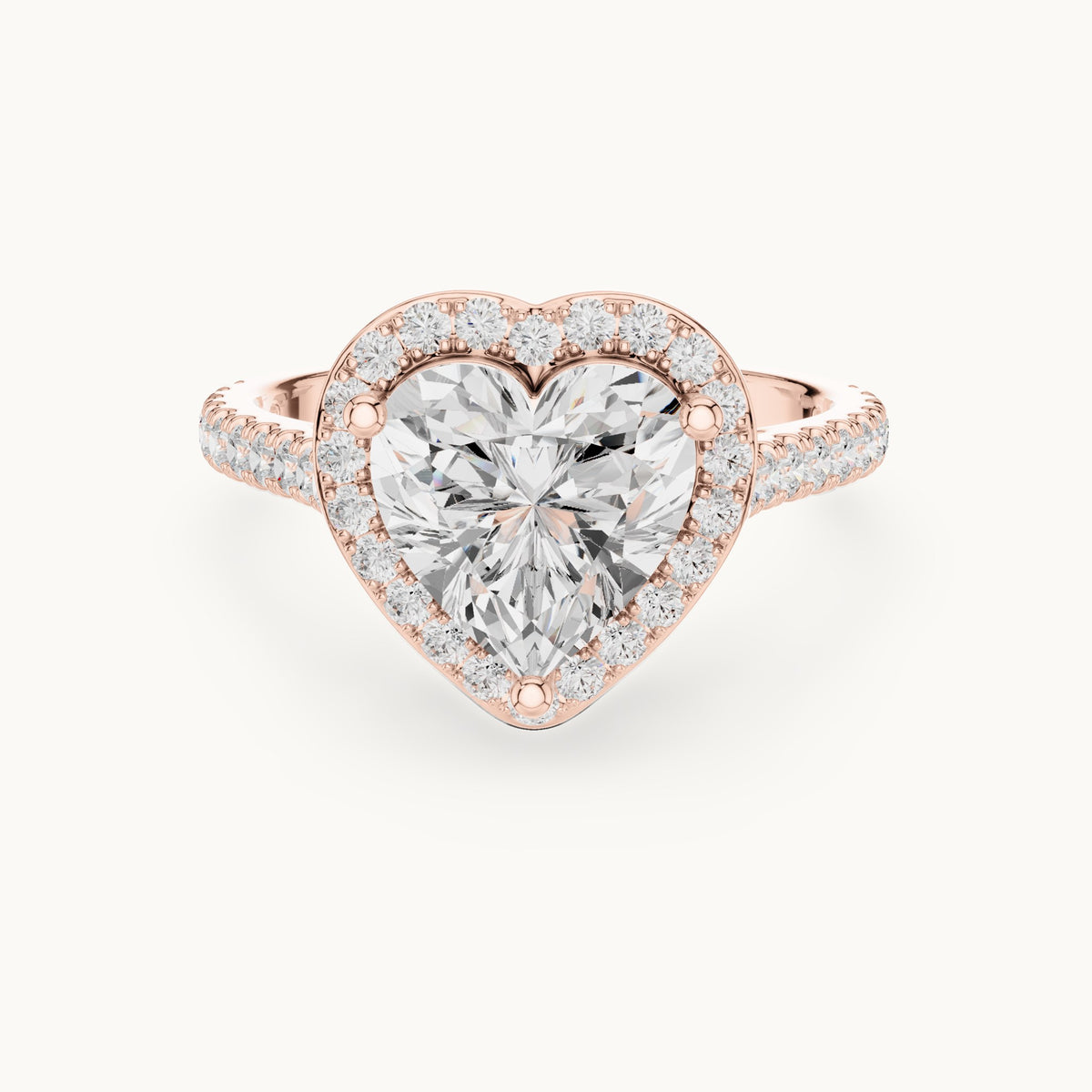 Heart lab-grown diamond halo engagement ring with pavé band in rose gold, 2.71 CT TW, view 4