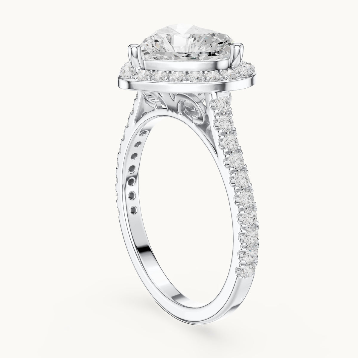 Heart lab-grown diamond halo engagement ring with pavé band in white gold, 2.71 CT TW, view 1