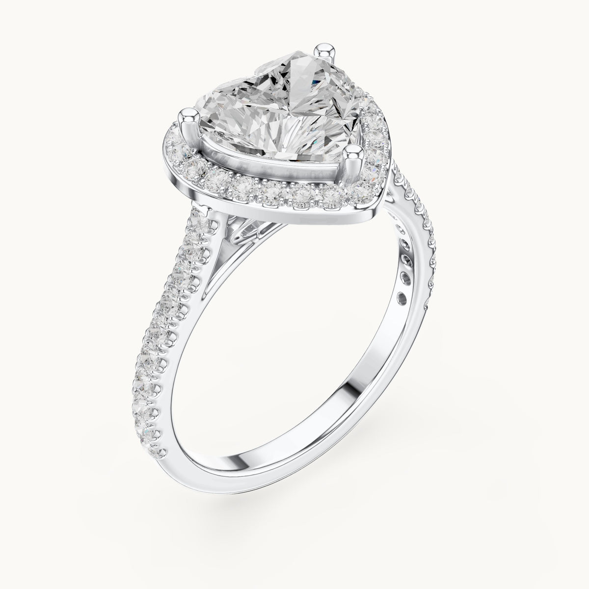 Heart lab-grown diamond halo engagement ring with pavé band in white gold, 2.71 CT TW, view 2