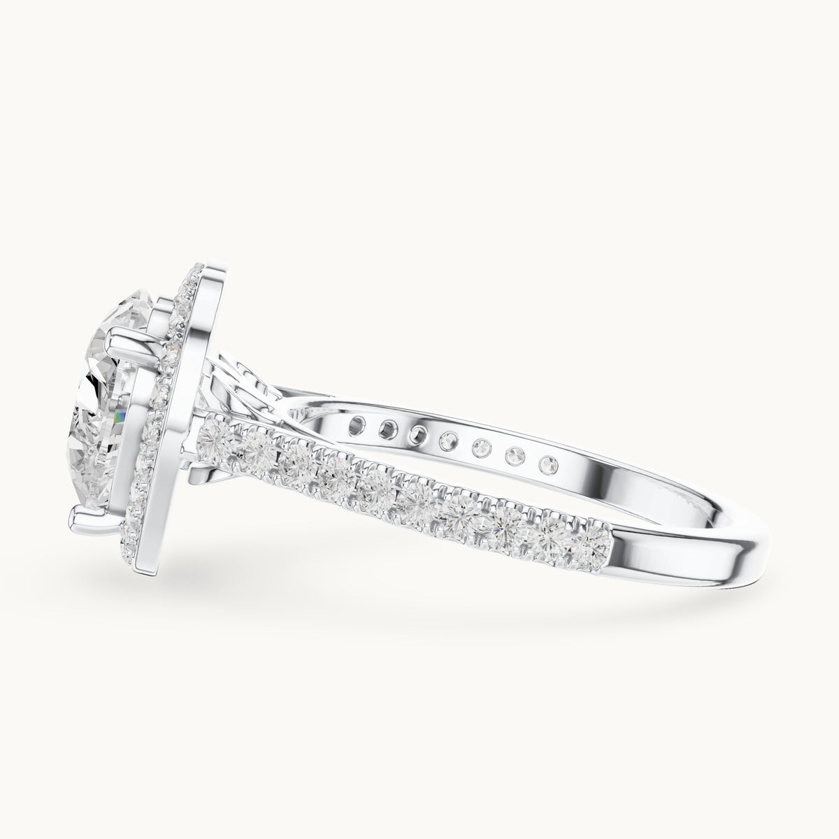 Heart lab-grown diamond halo engagement ring with pavé band in white gold, 2.71 CT TW, view 3