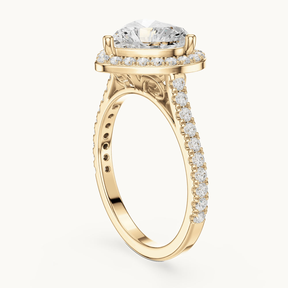 Heart lab-grown diamond halo engagement ring with pavé band in yellow gold, 2.71 CT TW, view 1