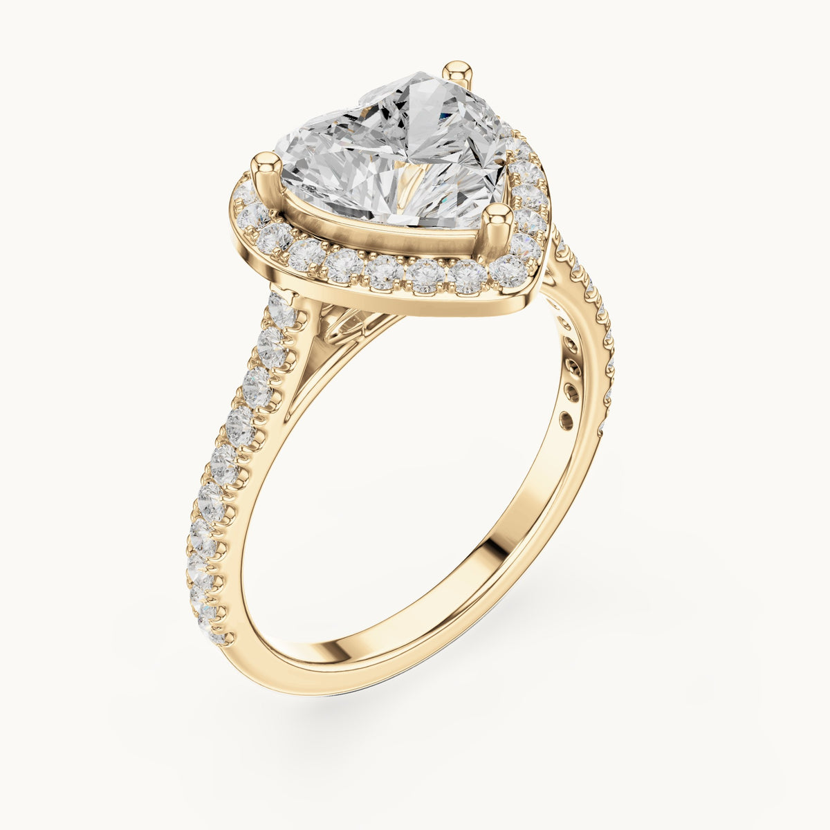 Heart lab-grown diamond halo engagement ring with pavé band in yellow gold, 2.71 CT TW, view 2