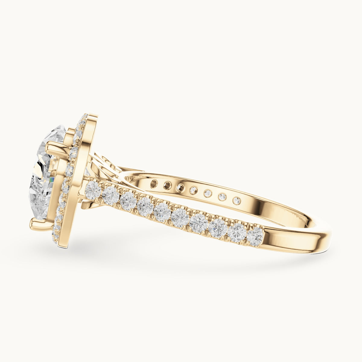 Heart lab-grown diamond halo engagement ring with pavé band in yellow gold, 2.71 CT TW, view 3