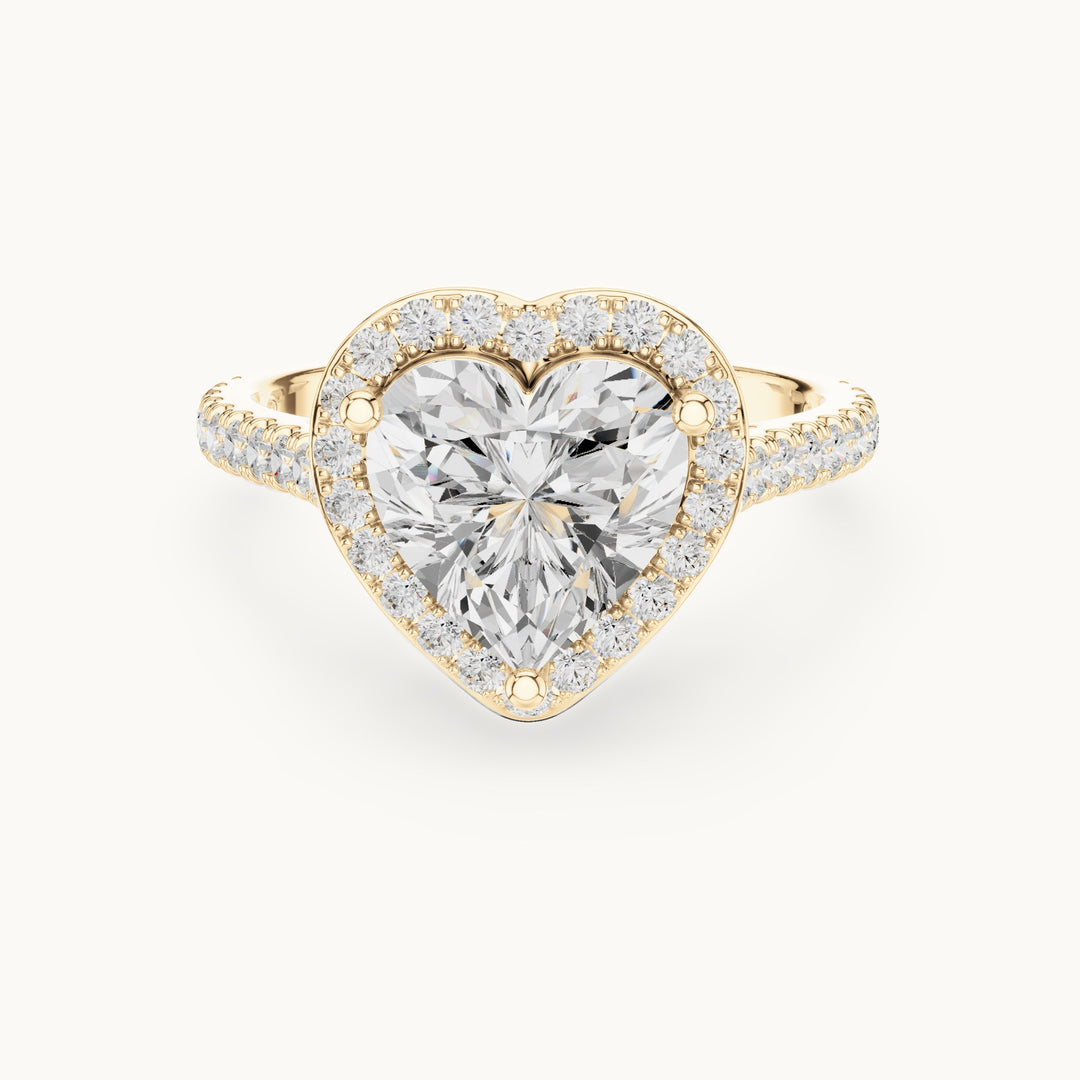 Heart lab-grown diamond halo engagement ring with pavé band in yellow gold, 2.71 CT TW, view 4