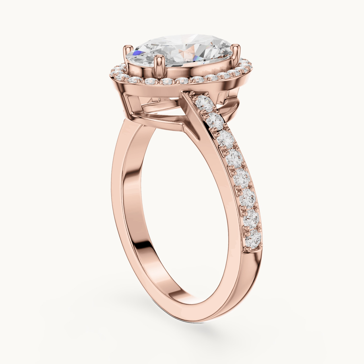 Oval lab-grown diamond halo engagement ring in 14K rose gold, 2.28 CT TW, view 1