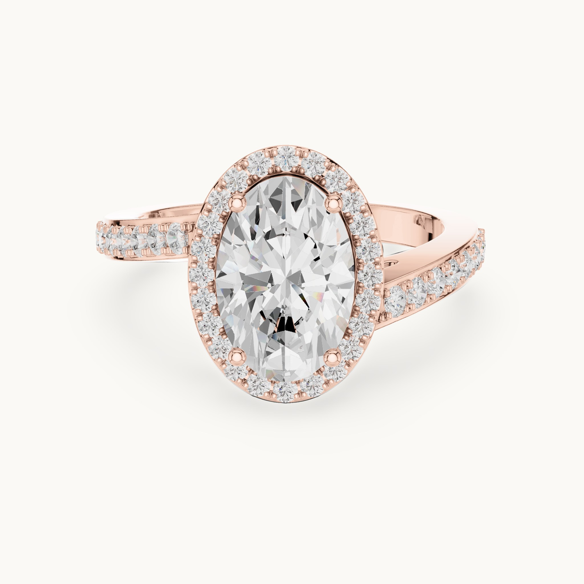Oval lab-grown diamond halo engagement ring in 14K rose gold, 2.28 CT TW, view 4