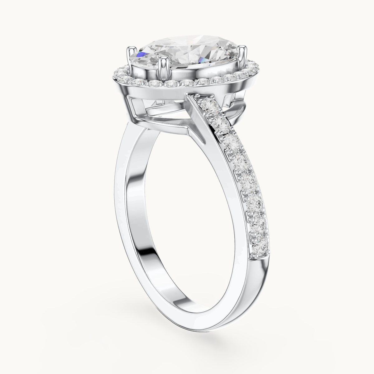 Oval lab-grown diamond halo engagement ring in 14K white gold, 2.28 CT TW, view 1