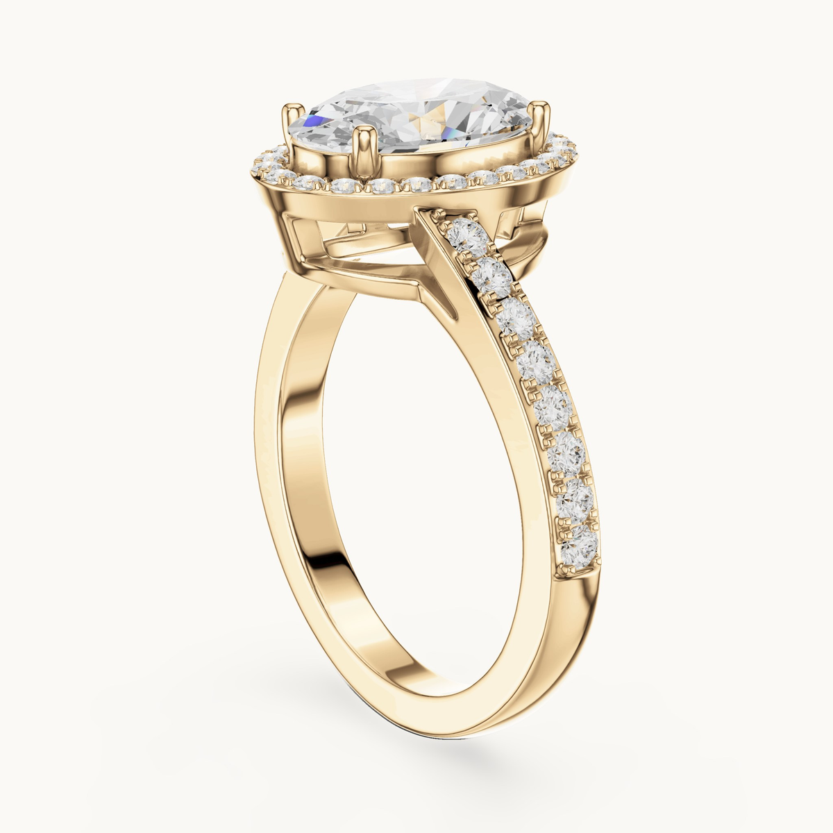 Oval lab-grown diamond halo engagement ring in 14K yellow gold, 2.28 CT TW, view 1