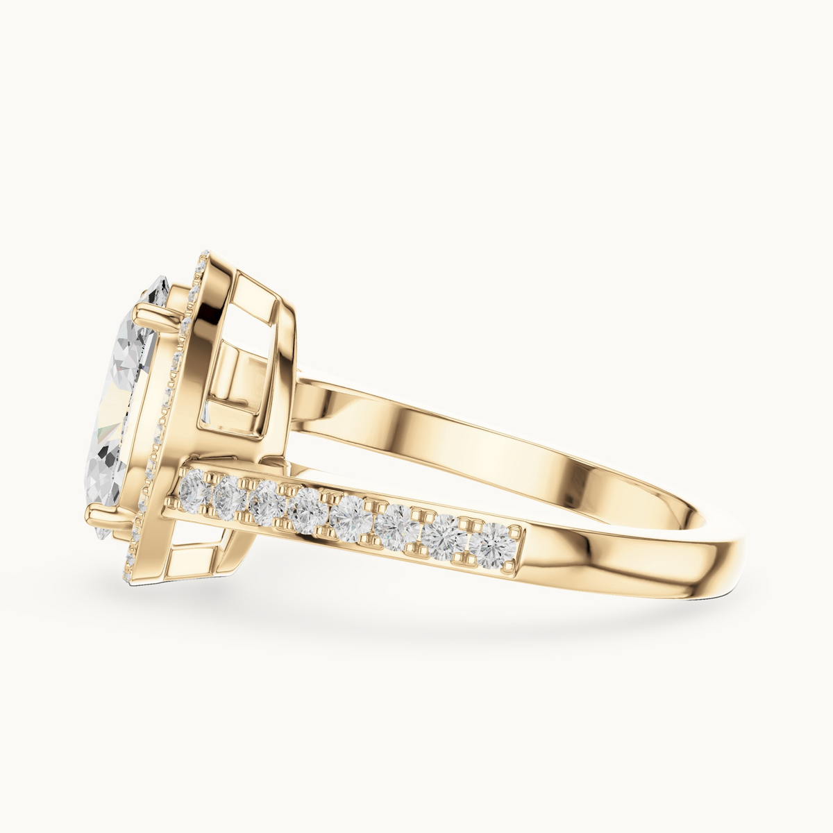 Oval lab-grown diamond halo engagement ring in 14K yellow gold, 2.28 CT TW, view 3