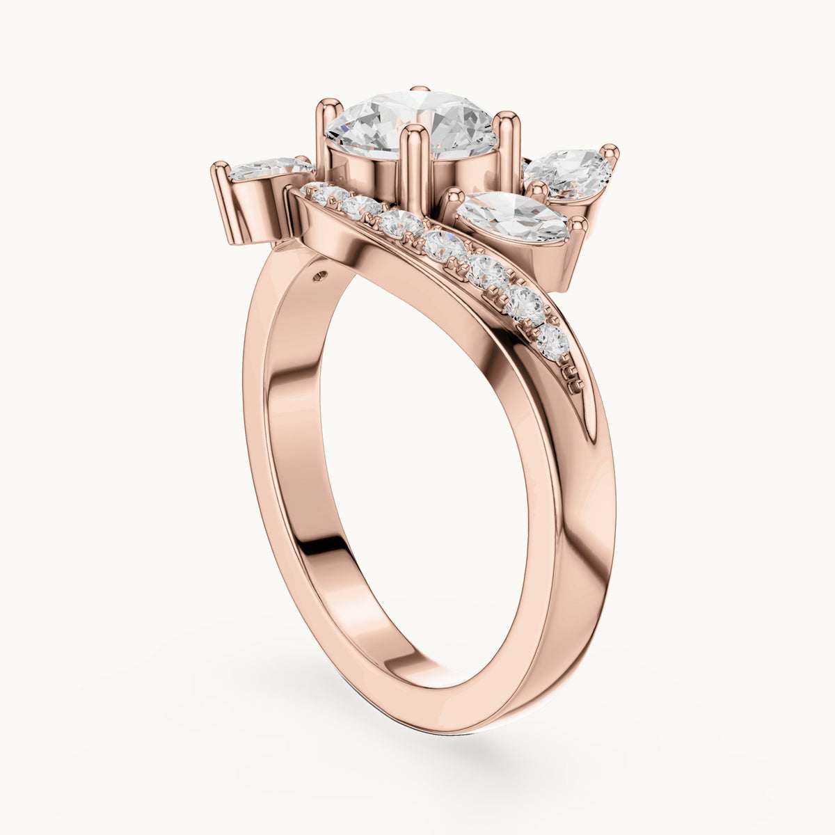 Round lab-grown diamond bypass engagement ring with marquise accents in rose gold, 1.59 CT TW, view 1