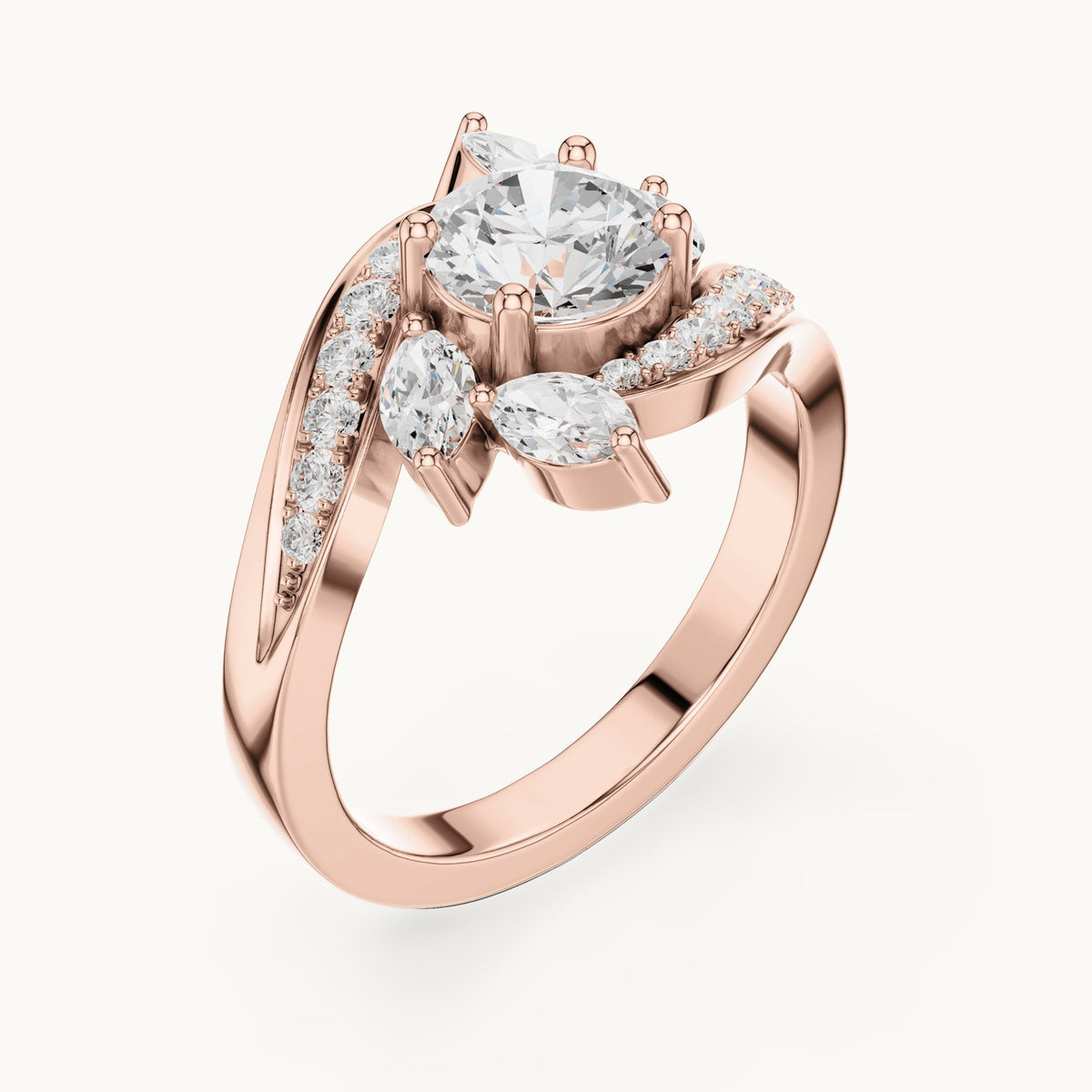 Round lab-grown diamond bypass engagement ring with marquise accents in rose gold, 1.59 CT TW, view 2