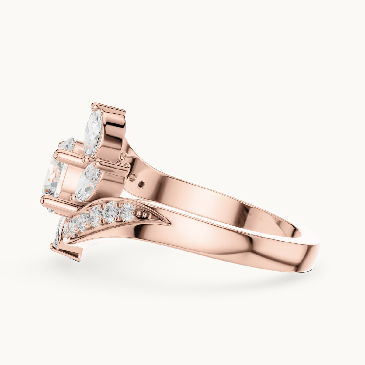 Round lab-grown diamond bypass engagement ring with marquise accents in rose gold, 1.59 CT TW, view 3