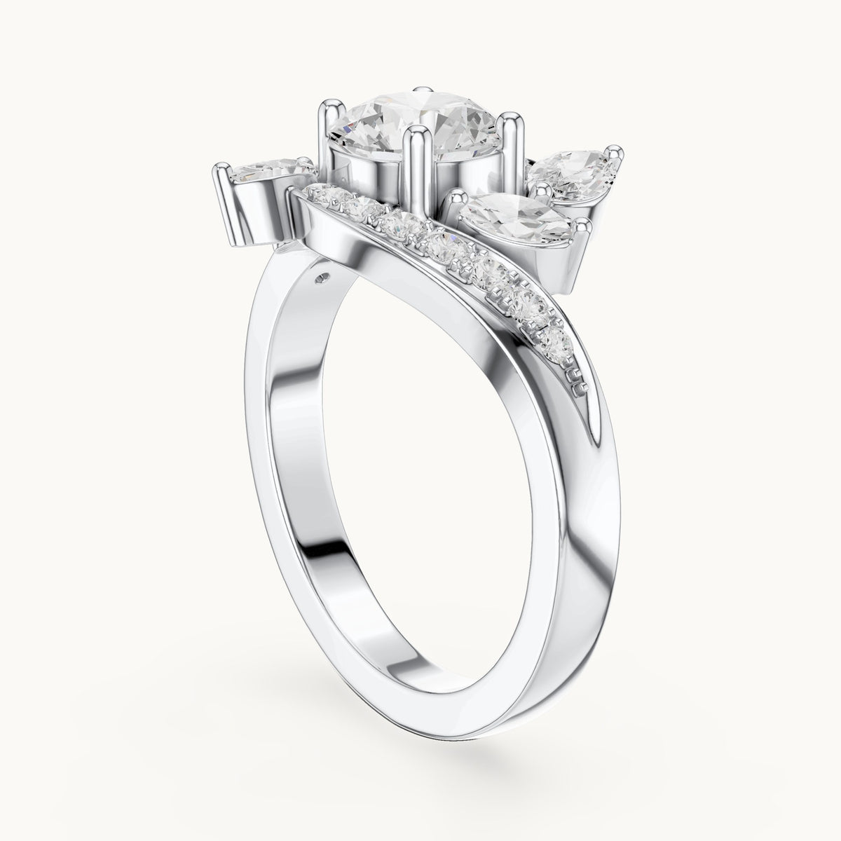 Round lab-grown diamond bypass engagement ring with marquise accents in white gold, 1.59 CT TW, view 1