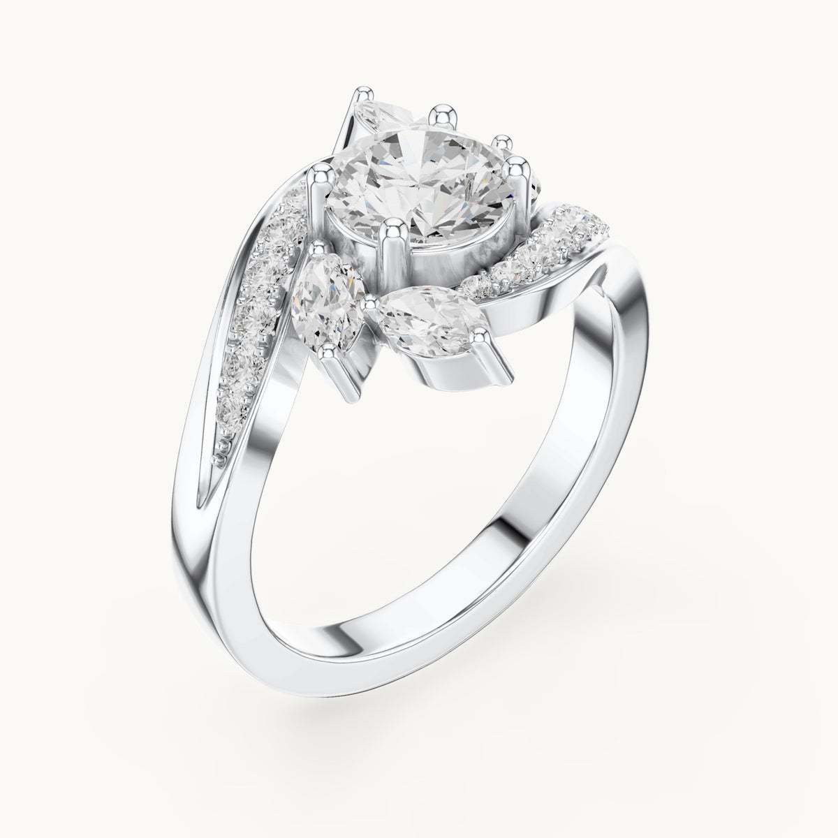 Round lab-grown diamond bypass engagement ring with marquise accents in white gold, 1.59 CT TW, view 2
