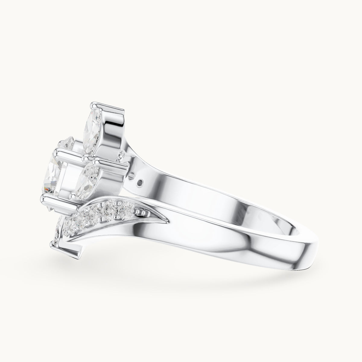 Round lab-grown diamond bypass engagement ring with marquise accents in white gold, 1.59 CT TW, view 3