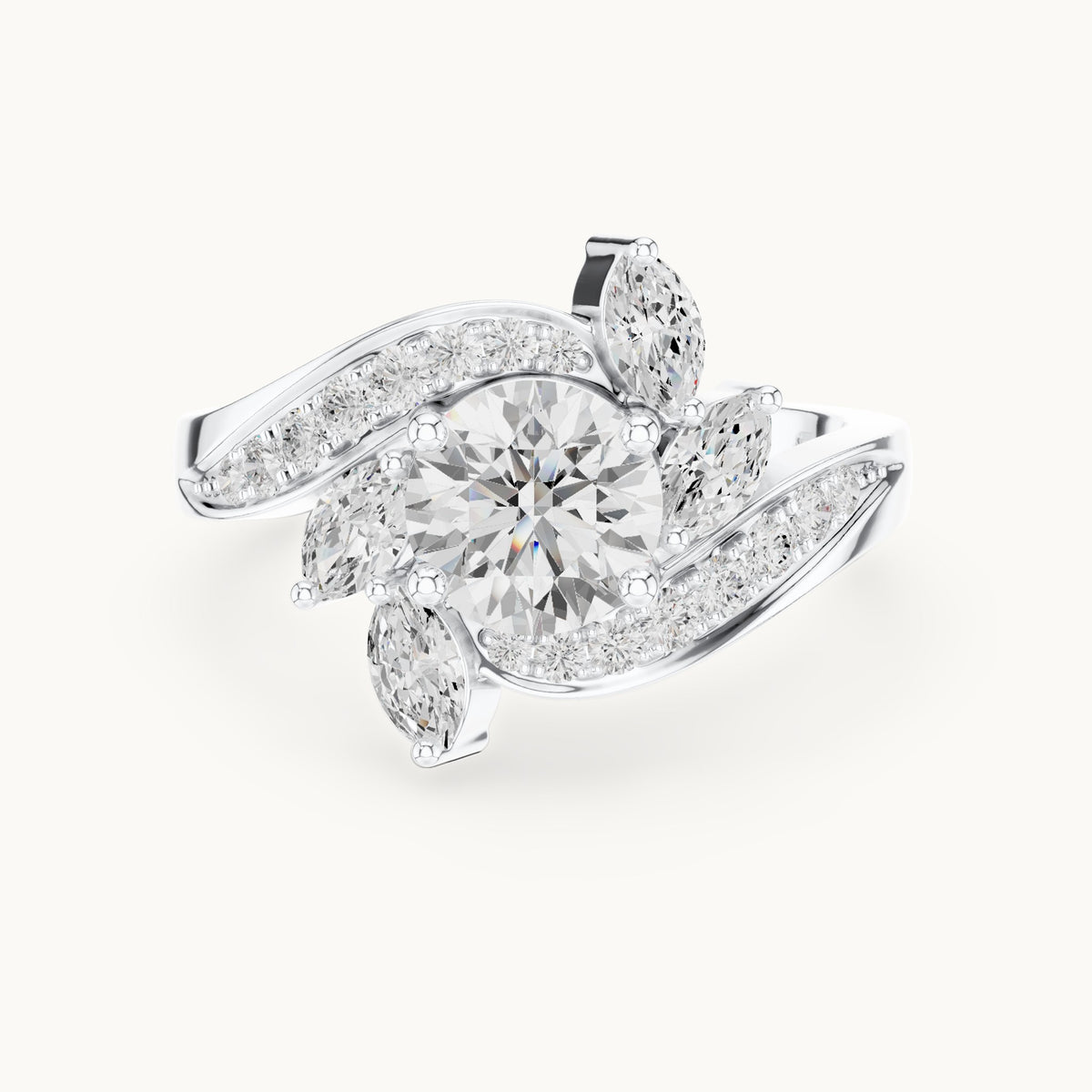 Round lab-grown diamond bypass engagement ring with marquise accents in white gold, 1.59 CT TW, view 4