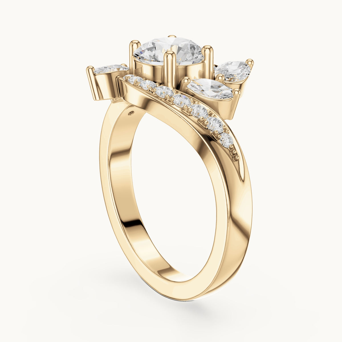 Round lab-grown diamond bypass engagement ring with marquise accents in yellow gold, 1.59 CT TW, view 1