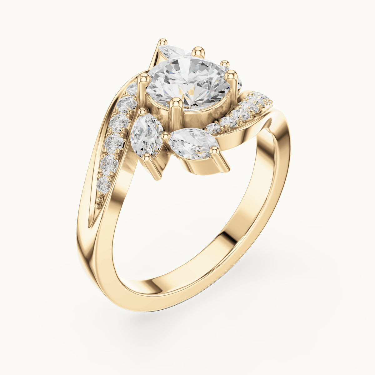 Round lab-grown diamond bypass engagement ring with marquise accents in yellow gold, 1.59 CT TW, view 2