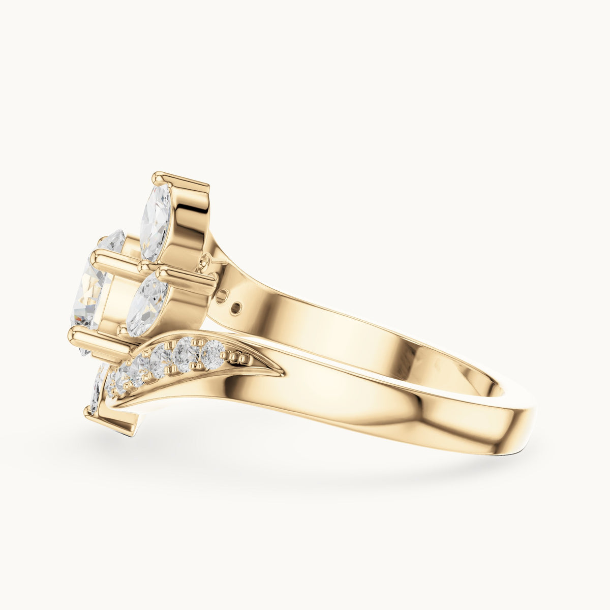Round lab-grown diamond bypass engagement ring with marquise accents in yellow gold, 1.59 CT TW, view 3
