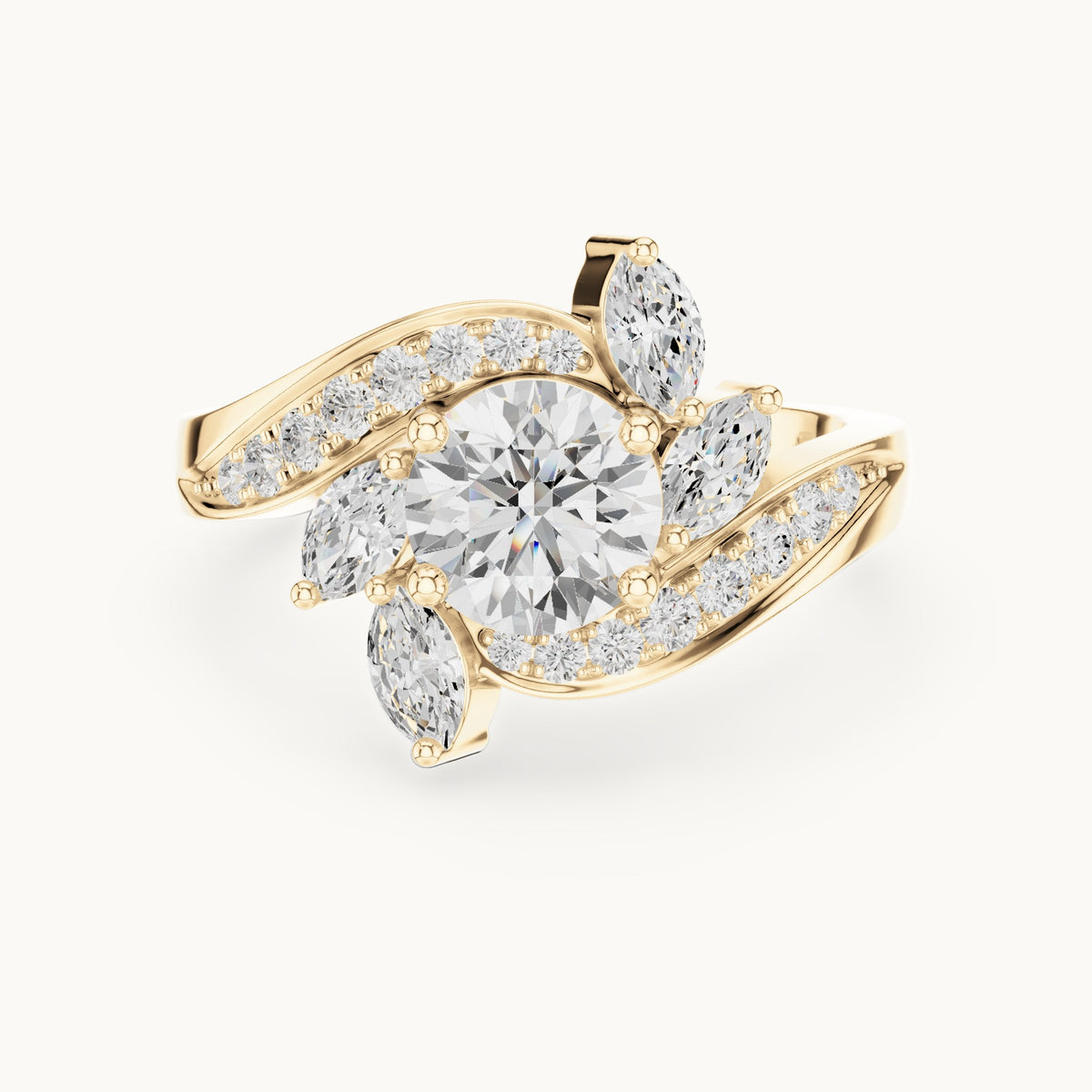 Round lab-grown diamond bypass engagement ring with marquise accents in yellow gold, 1.59 CT TW, view 4