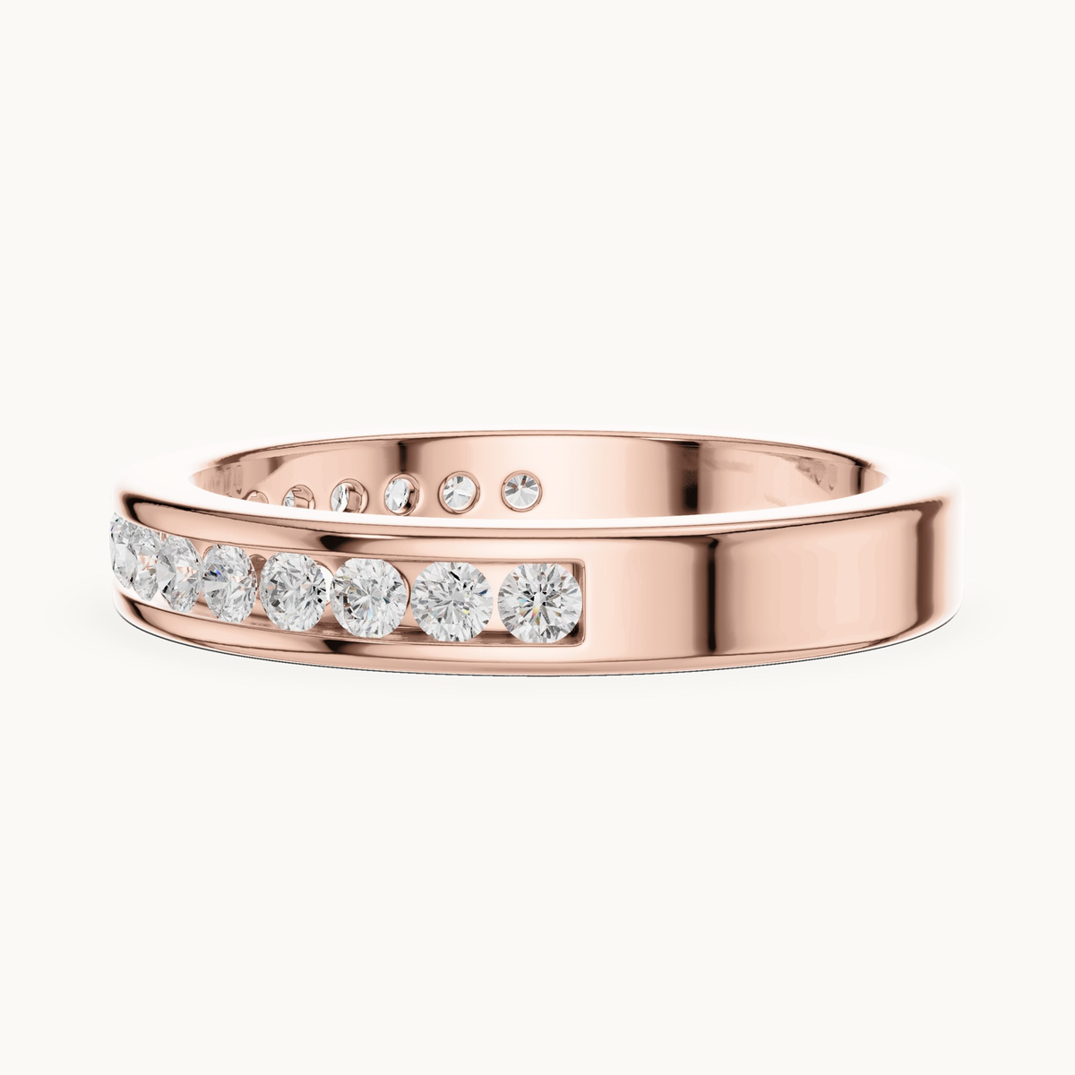 Round lab-grown diamond channel set band in 14K rose gold, 0.51 CT TW, view 3