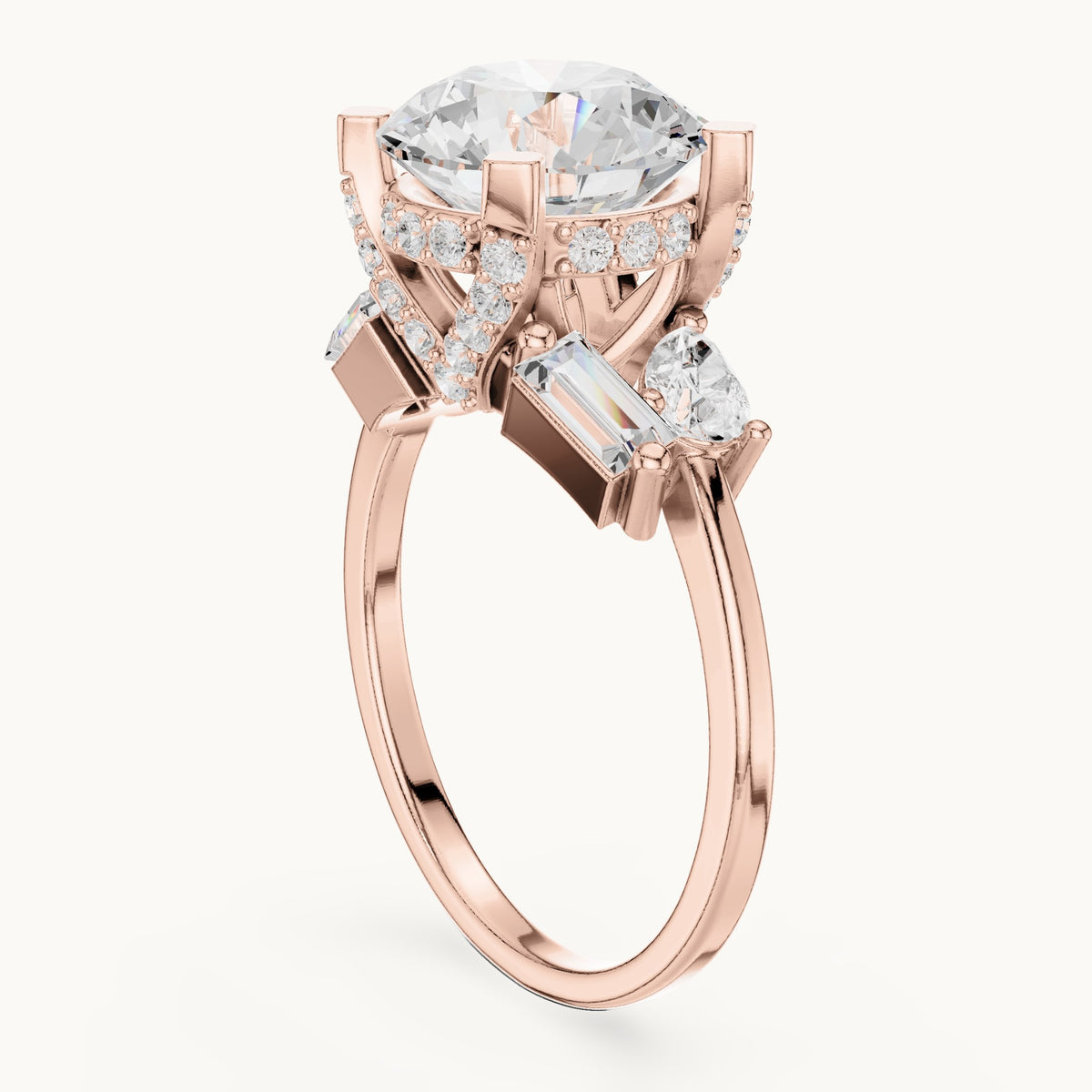 Round, pear and baguette lab-grown diamond engagement ring with pear and baguette side stones in rose gold, 3.874 CT TW, view 1