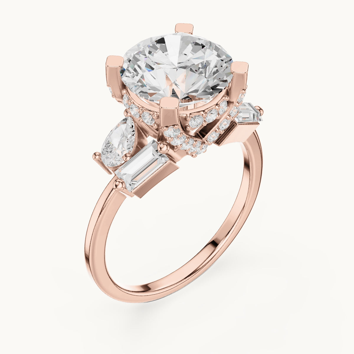 Round, pear and baguette lab-grown diamond engagement ring with pear and baguette side stones in rose gold, 3.874 CT TW, view 2