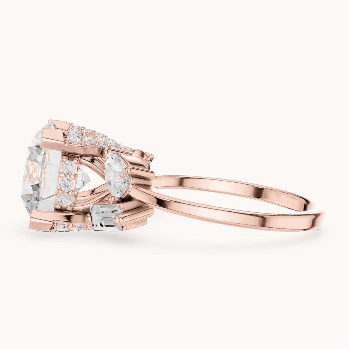 Round, pear and baguette lab-grown diamond engagement ring with pear and baguette side stones in rose gold, 3.874 CT TW, view 3