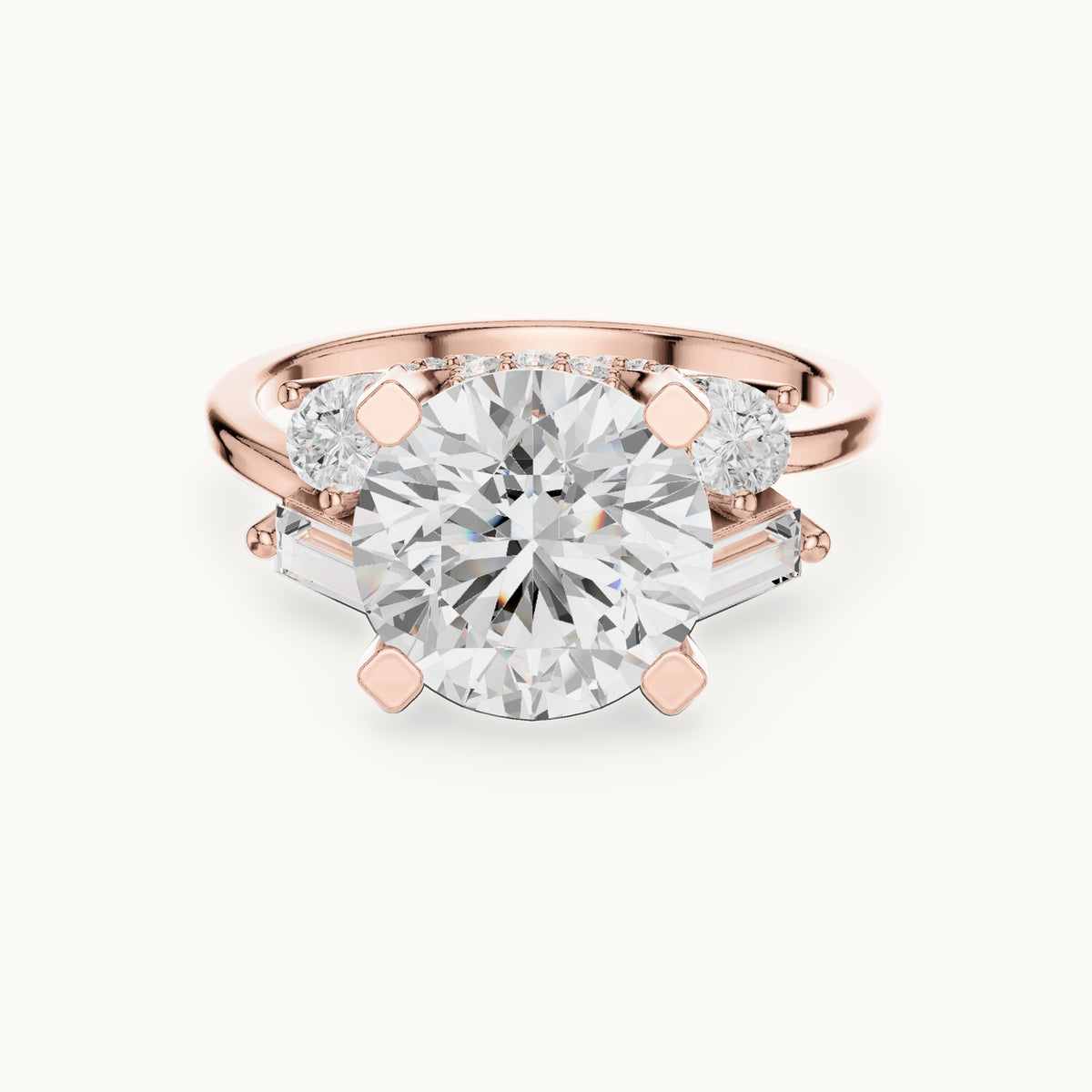 Round, pear and baguette lab-grown diamond engagement ring with pear and baguette side stones in rose gold, 3.874 CT TW, view 4