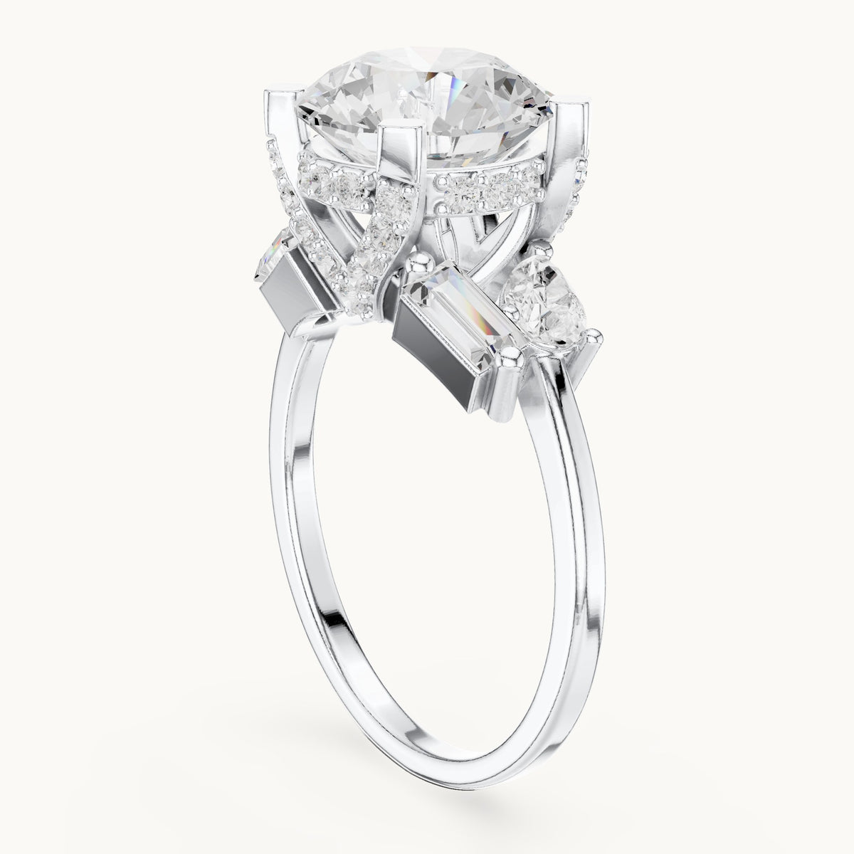 Round, pear and baguette lab-grown diamond engagement ring with pear and baguette side stones in white gold, 3.874 CT TW, view 1
