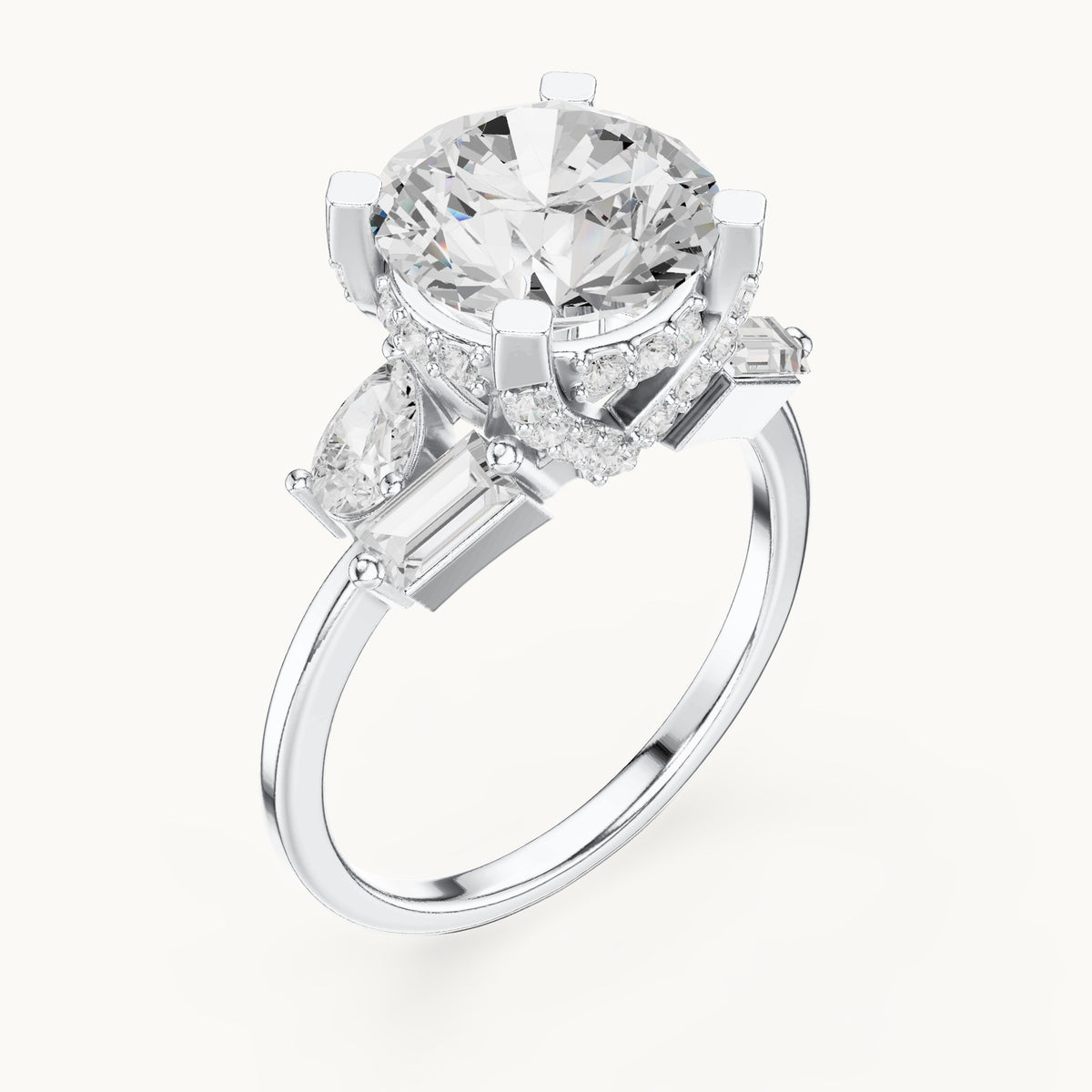 Round, pear and baguette lab-grown diamond engagement ring with pear and baguette side stones in white gold, 3.874 CT TW, view 2