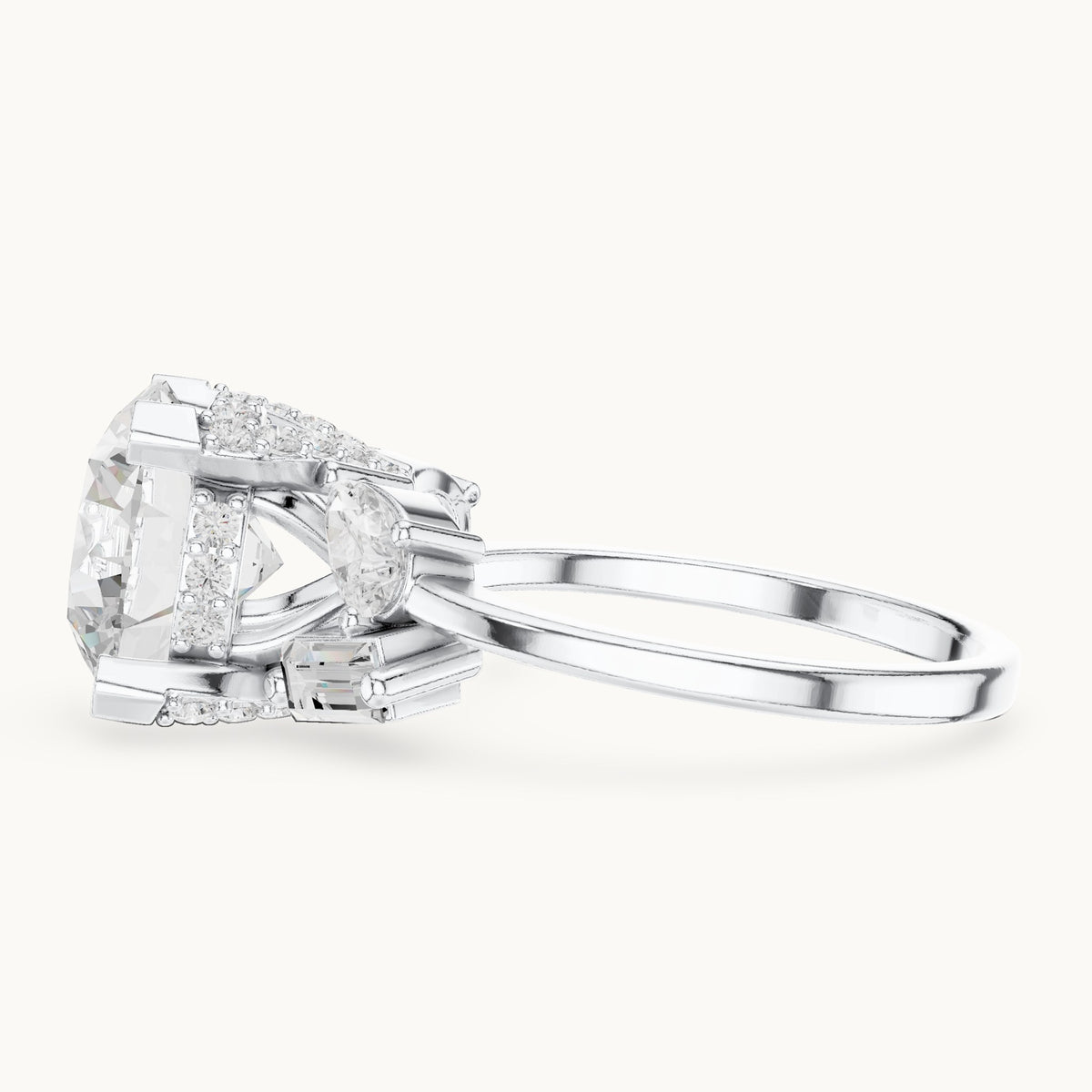 Round, pear and baguette lab-grown diamond engagement ring with pear and baguette side stones in white gold, 3.874 CT TW, view 3