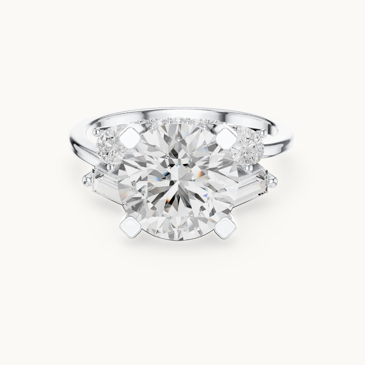 Round, pear and baguette lab-grown diamond engagement ring with pear and baguette side stones in white gold, 3.874 CT TW, view 4