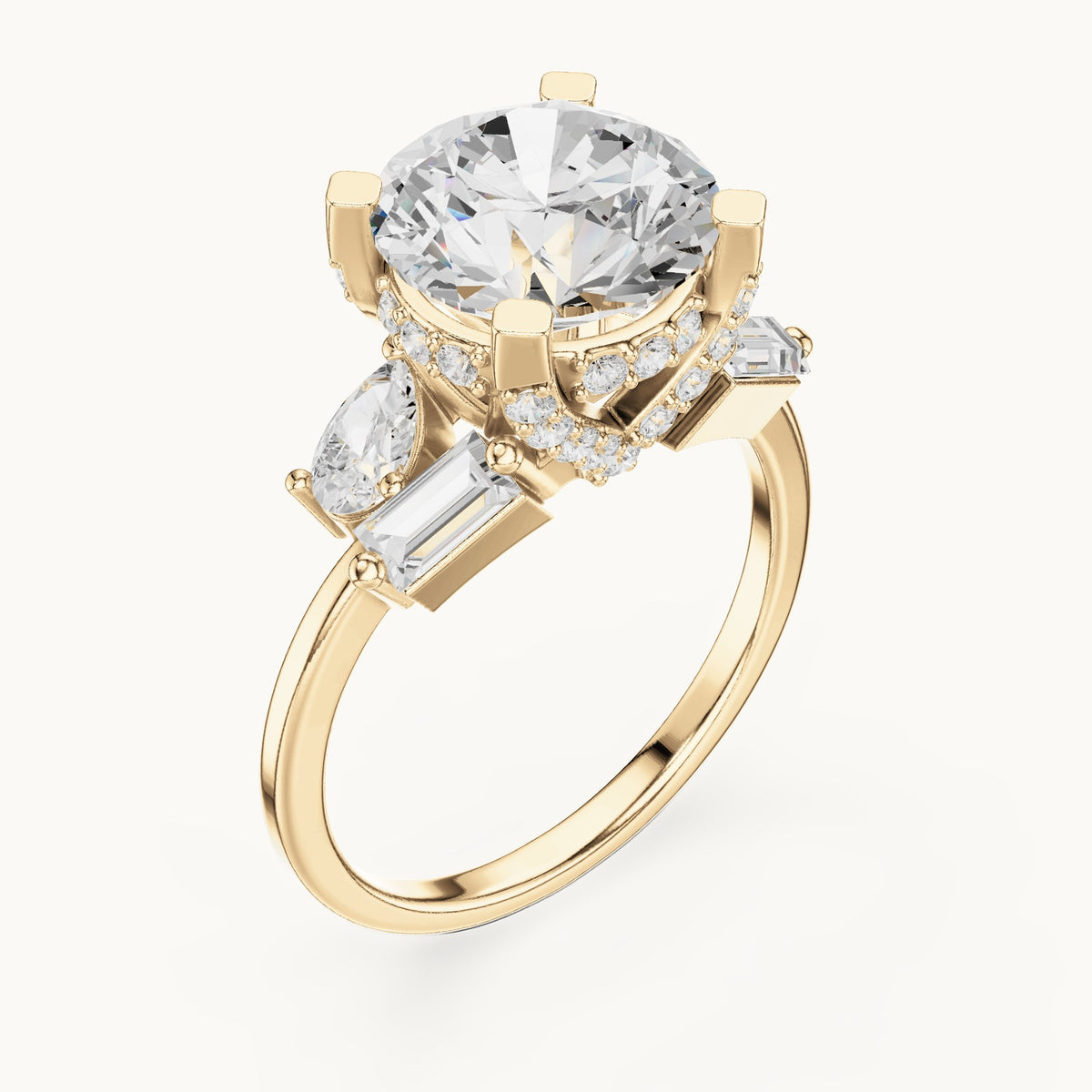 Round, pear and baguette lab-grown diamond engagement ring with pear and baguette side stones in yellow gold, 3.874 CT TW, view 2