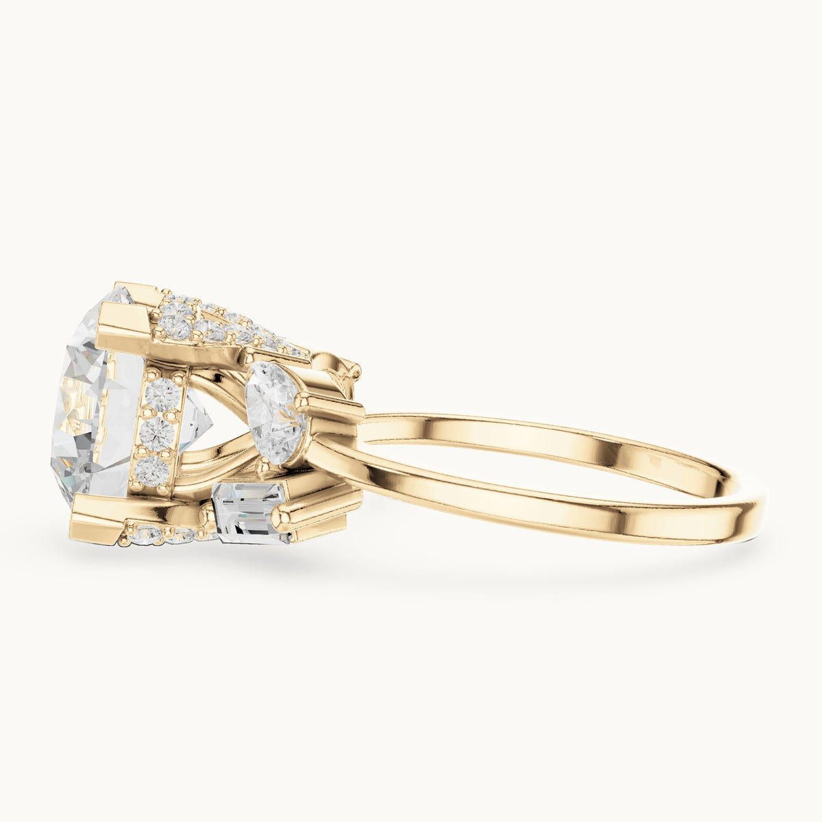 Round, pear and baguette lab-grown diamond engagement ring with pear and baguette side stones in yellow gold, 3.874 CT TW, view 3