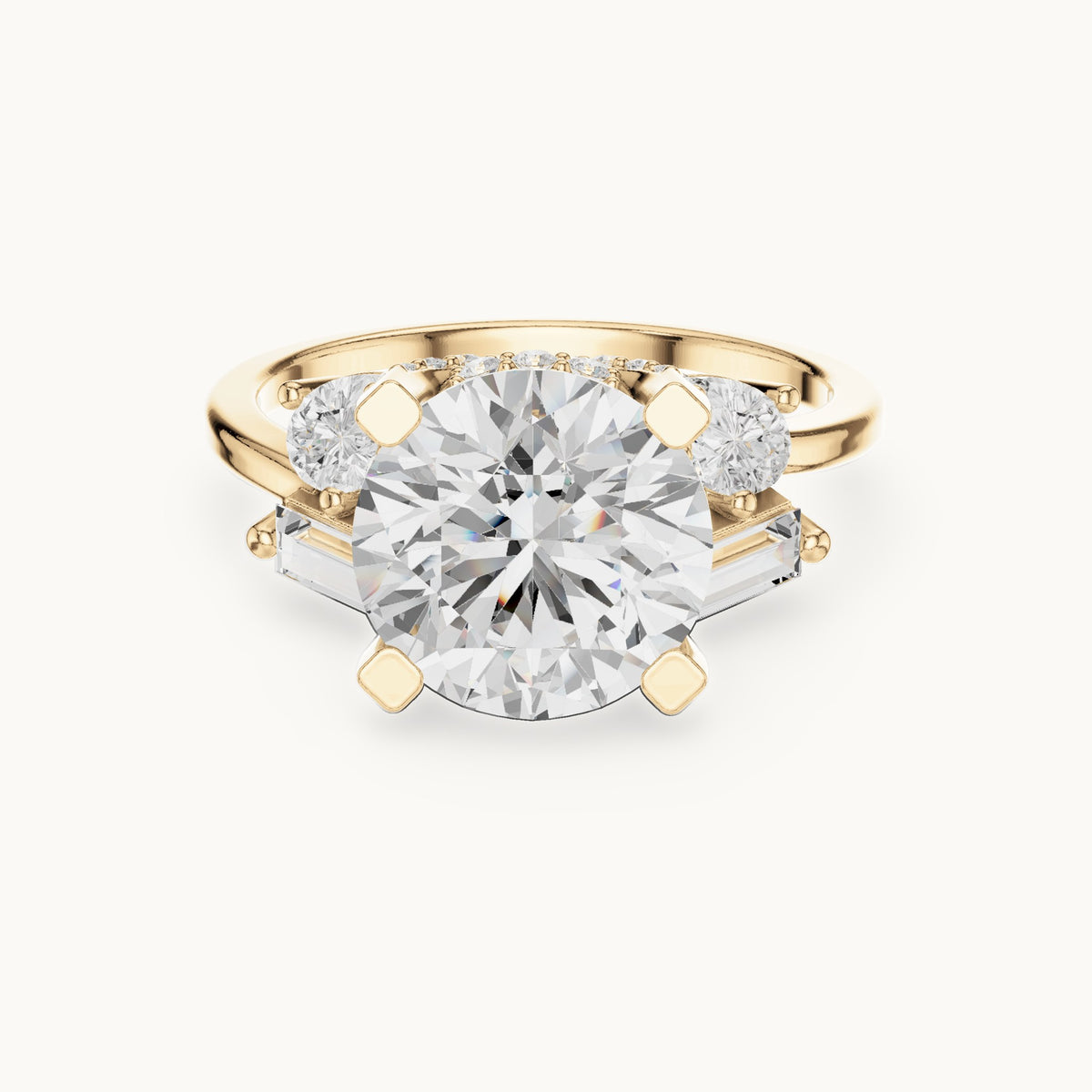 Round, pear and baguette lab-grown diamond engagement ring with pear and baguette side stones in yellow gold, 3.874 CT TW, view 4