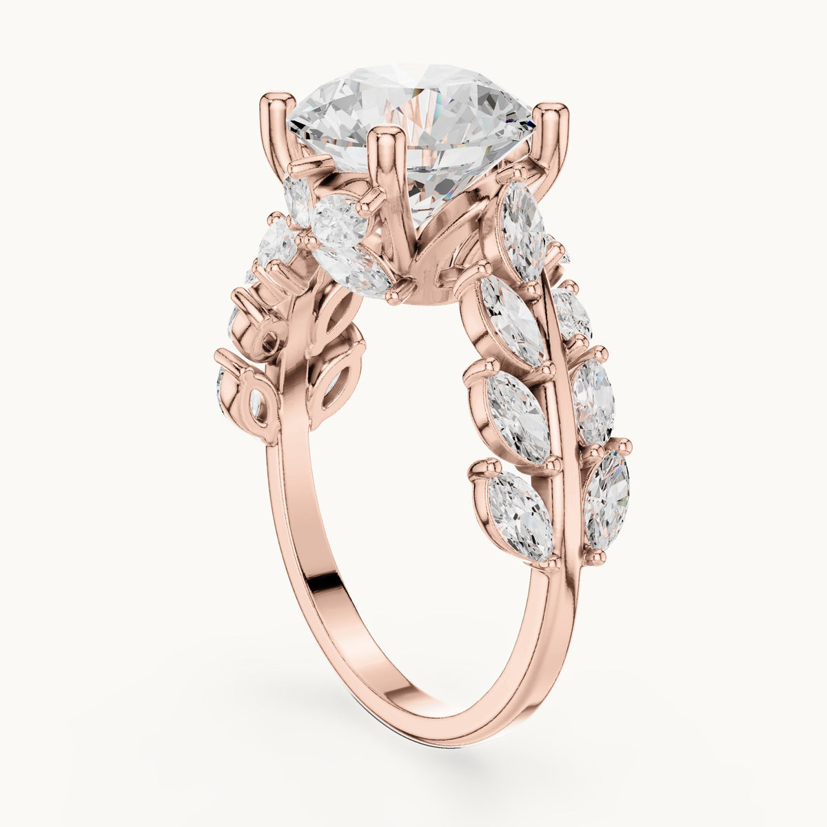 Round lab-grown diamond engagement ring with marquise vine band in rose gold, 4.15 CT TW, view 1