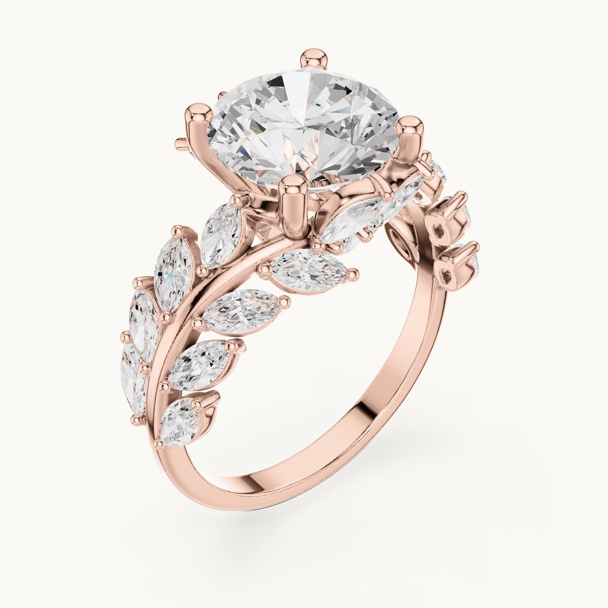 Round lab-grown diamond engagement ring with marquise vine band in rose gold, 4.15 CT TW, view 2