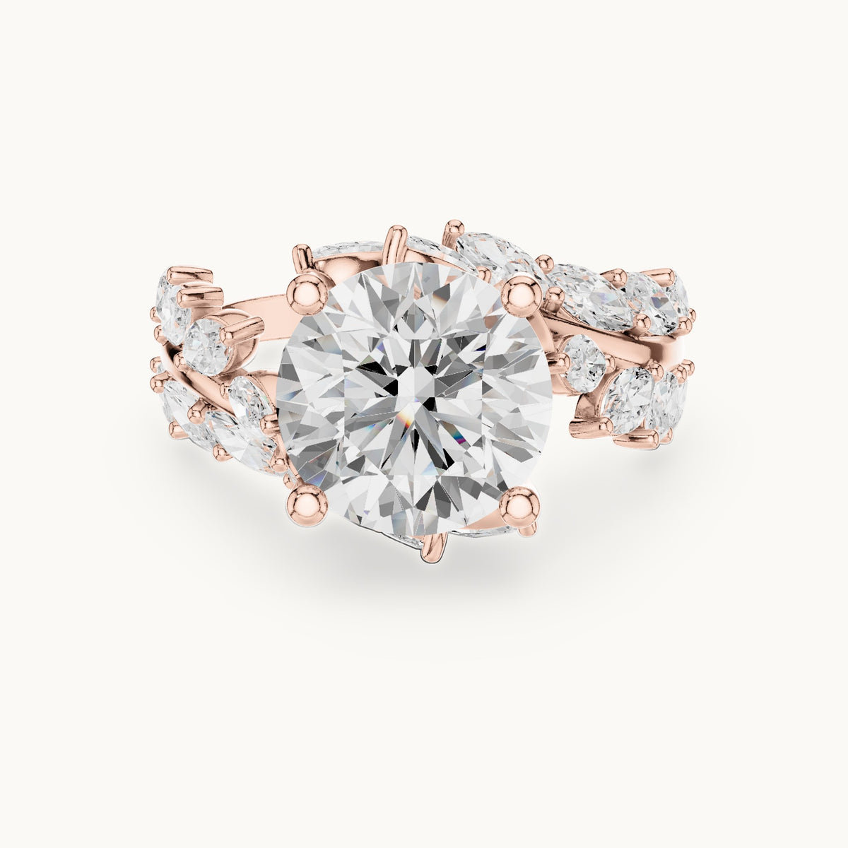 Round lab-grown diamond engagement ring with marquise vine band in rose gold, 4.15 CT TW, view 4
