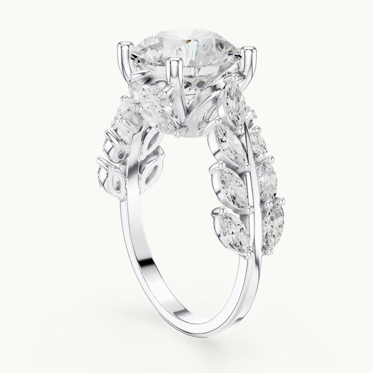 Round lab-grown diamond engagement ring with marquise vine band in white gold, 4.15 CT TW, view 1