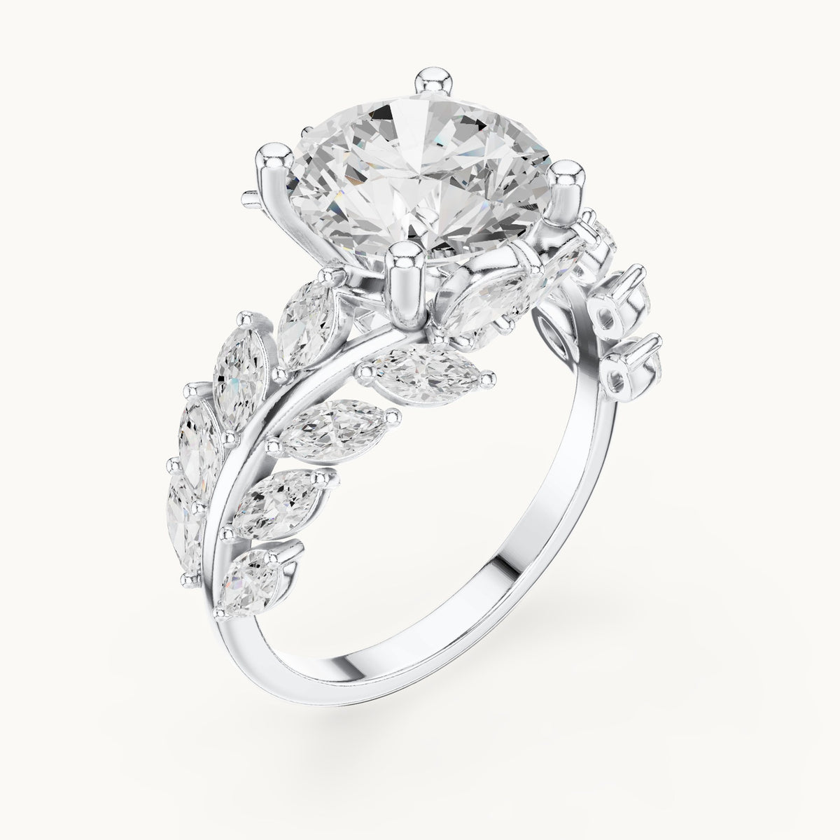 Round lab-grown diamond engagement ring with marquise vine band in white gold, 4.15 CT TW, view 2