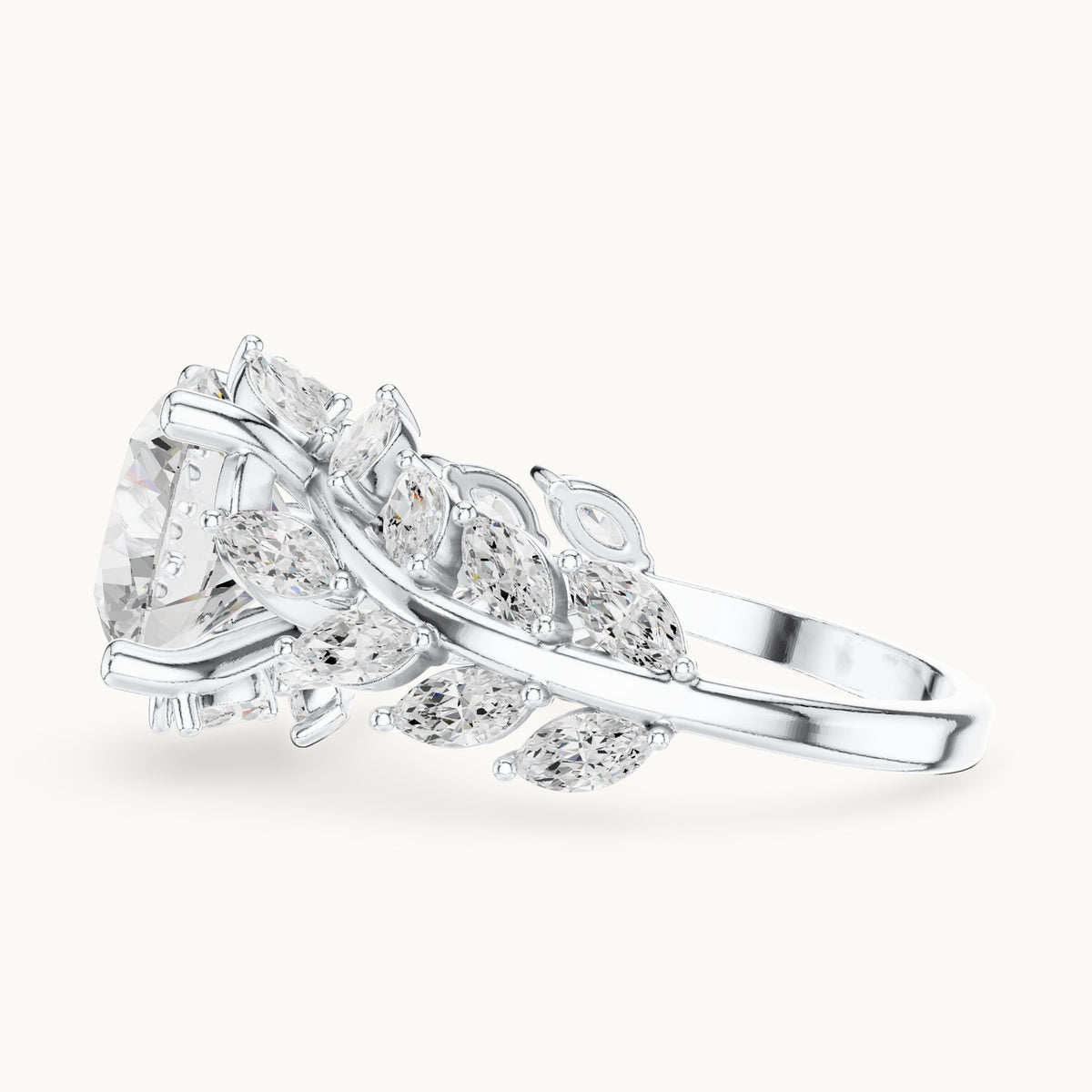Round lab-grown diamond engagement ring with marquise vine band in white gold, 4.15 CT TW, view 3