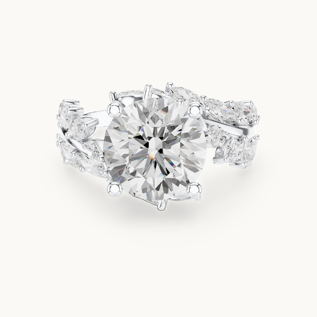 Round lab-grown diamond engagement ring with marquise vine band in white gold, 4.15 CT TW, view 4